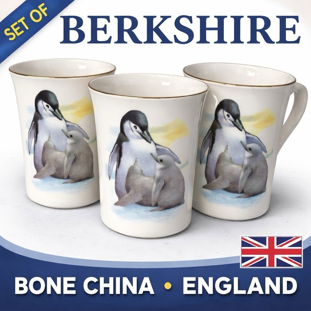Set of 3 Berkshire Bone China Penguin Mugs England Gold Trim Cups